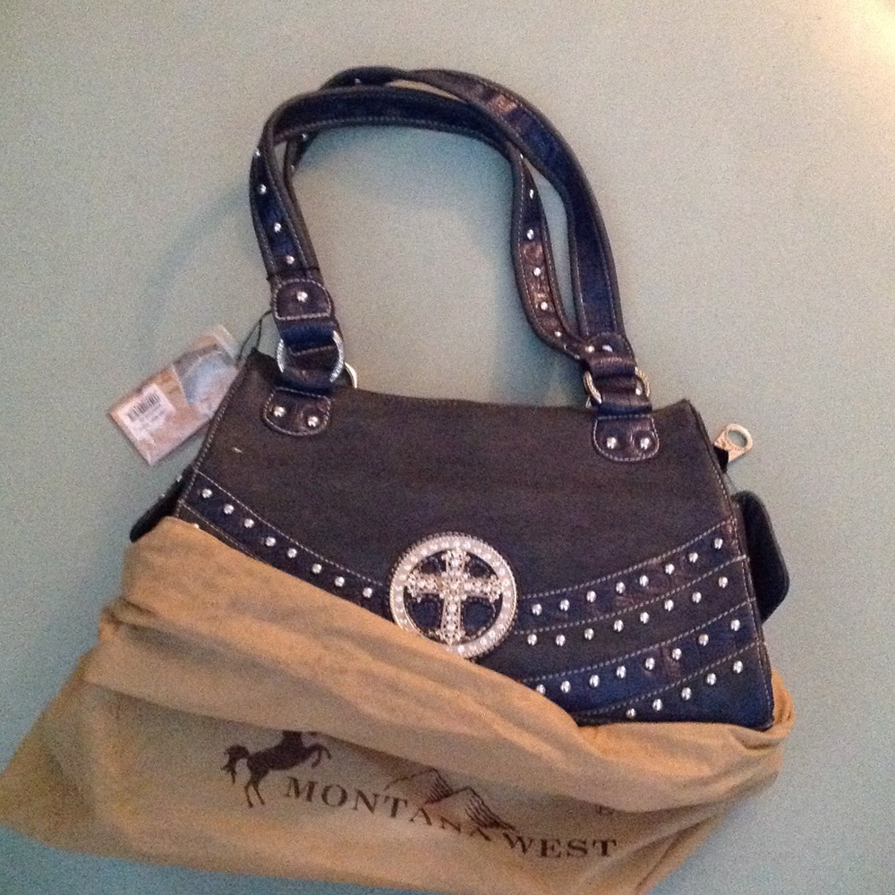 NWT Montana West denim blue handbag with cross